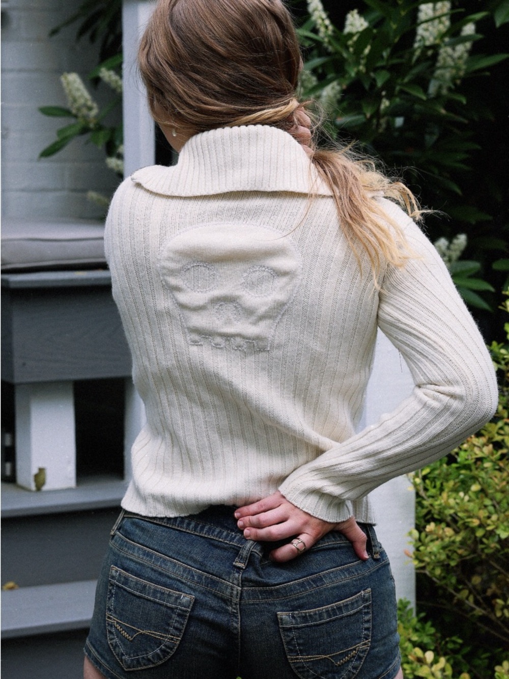 Jean Paul Gaultier Cream Ribbed Fold-Over Collar Sweater